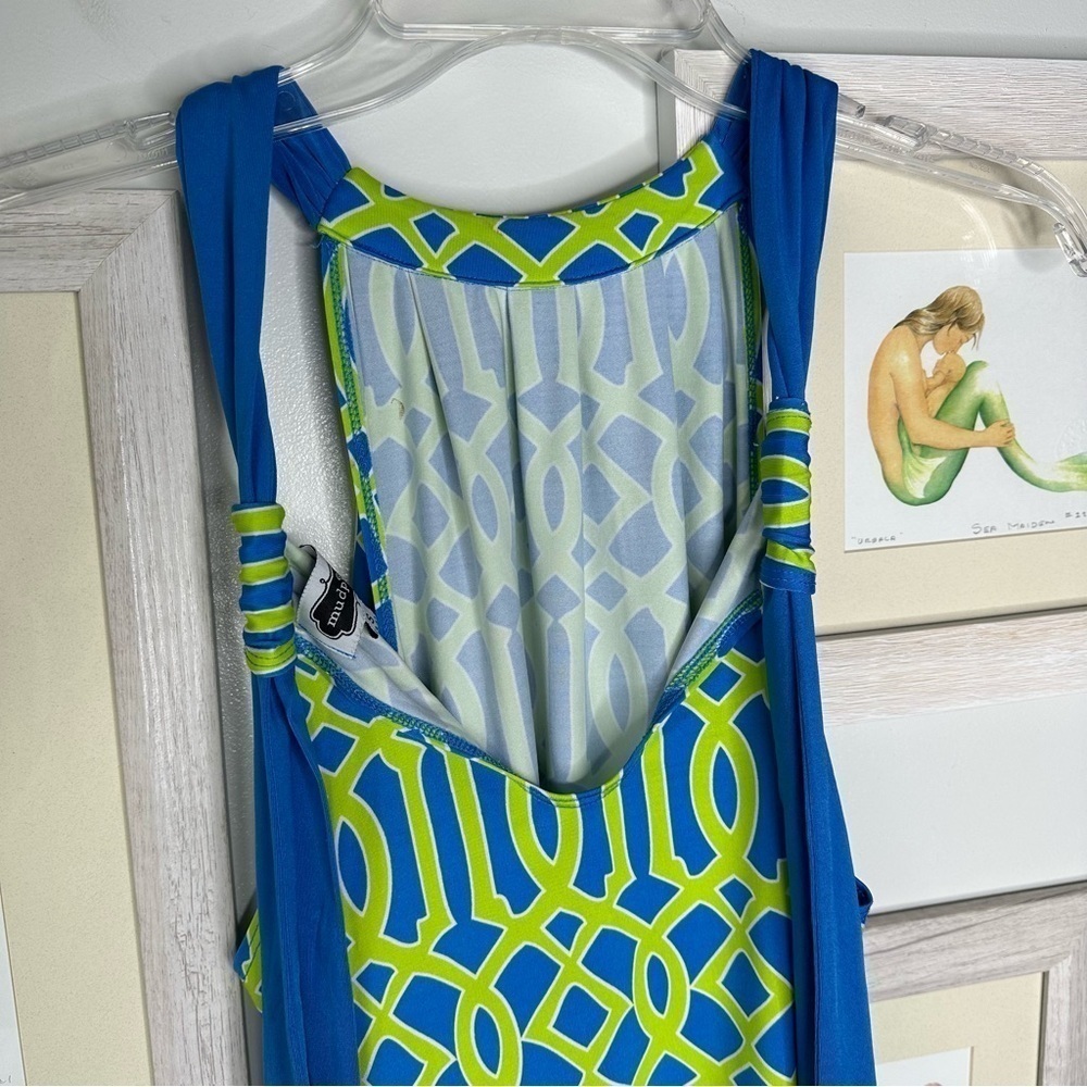 Mud Pie Green & Blue Geometric Natalie Bow Tie Mini Dress Women’s Size Small - Picture 7 of 10